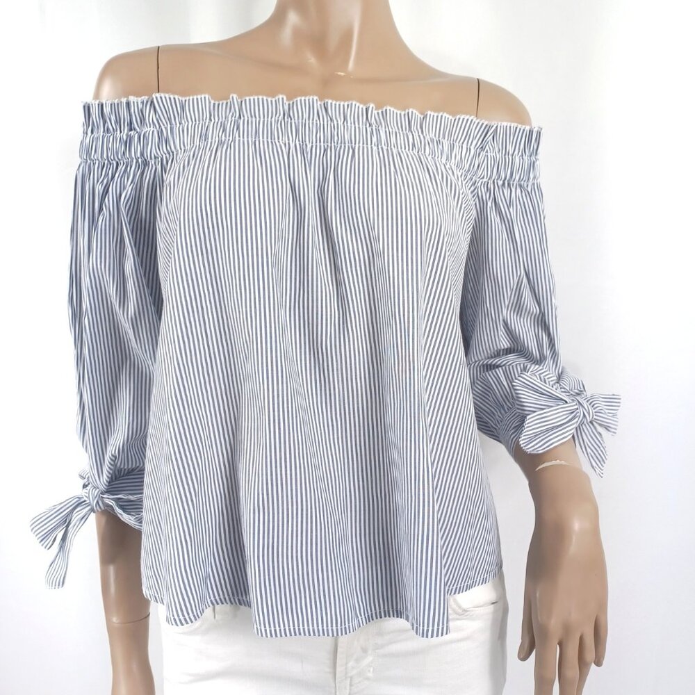 AMERCIAN EAGLE Blouse S On/Off Shoulder Bow Wrist Sleeves Stripe